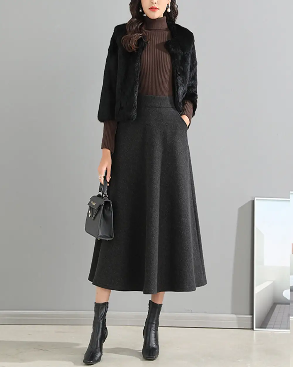 Relaxed Pocketed Wool A Line Maxi Skirt