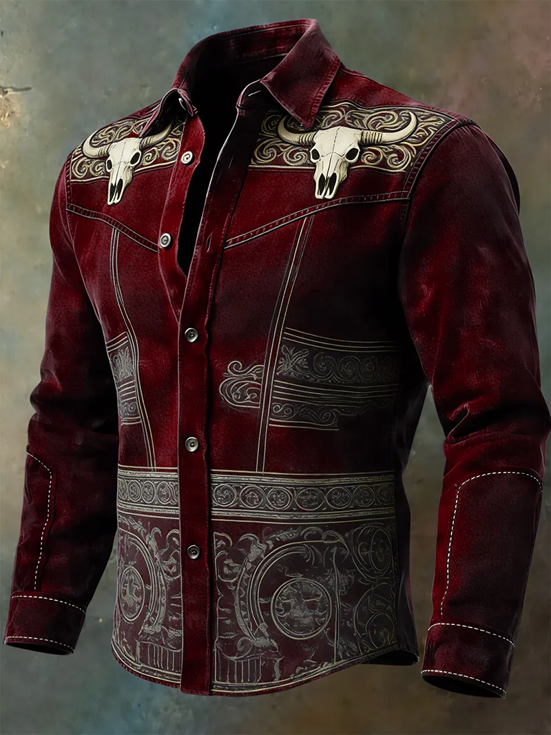 Men's Vintage Western Double Bull Skull Embroidered Long Sleeve Shirt