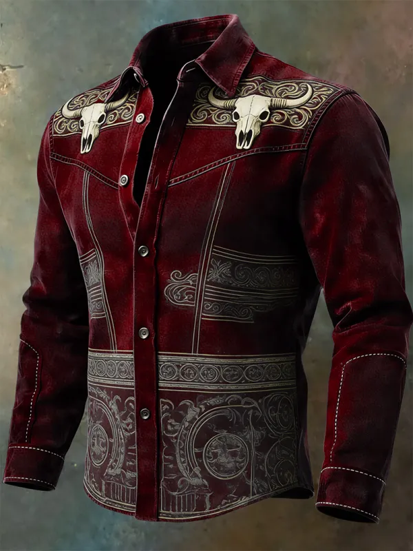 Men's Vintage Western Double Bull Skull Embroidered Long Sleeve Shirt