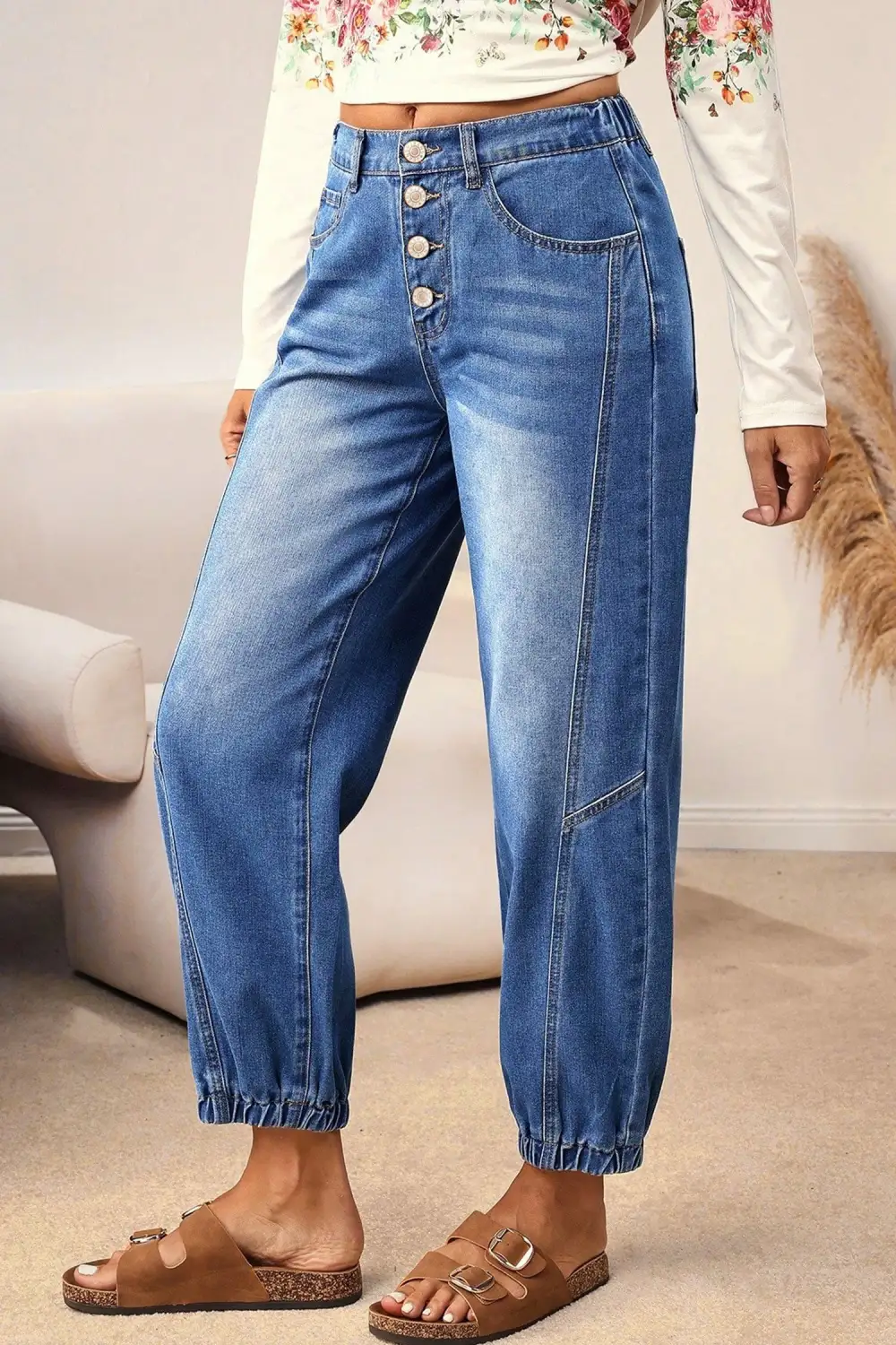 Buttons Front Tapered Casual Loose Fit Jeans