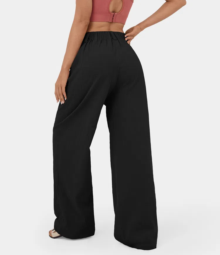 High Waisted Plicated Side Pocket Wide Leg Flowy Solid Palazzo Casual Pants