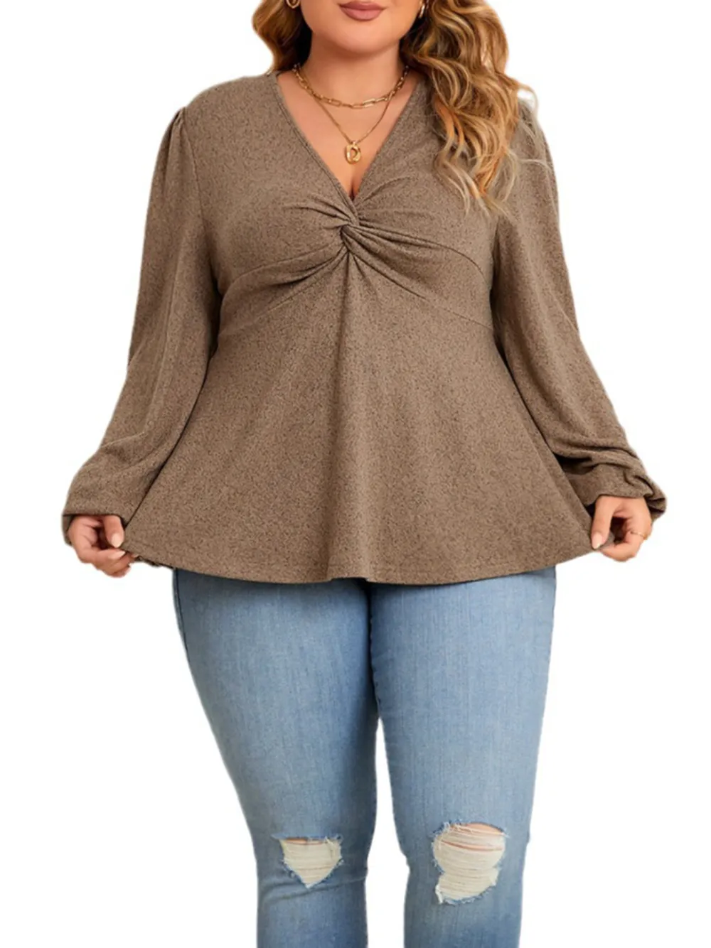 Fashion Plus Size Women Solid Color V Neck Long Sleeved Casual Tops