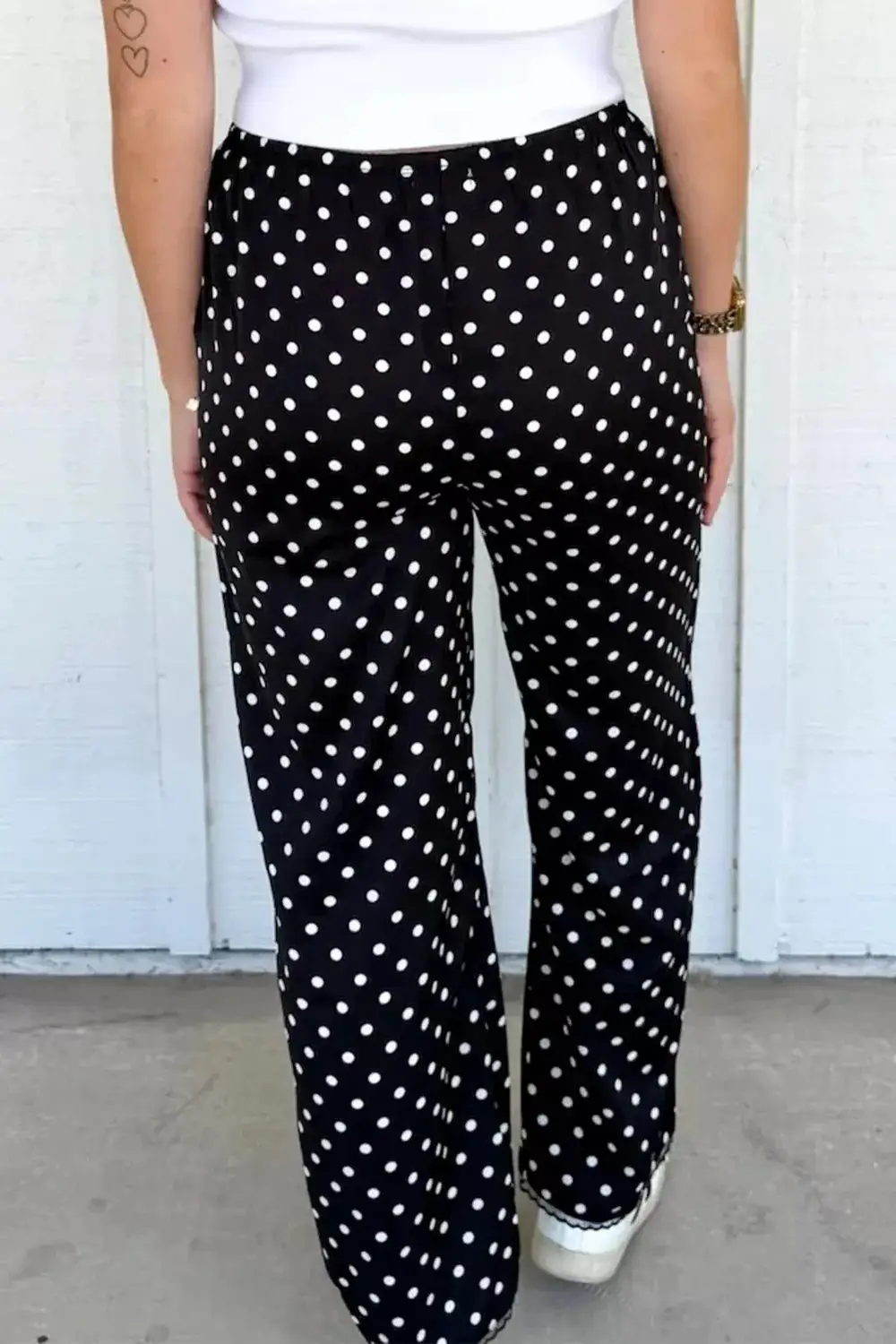 Polka Dot Print Elastic Waist Lace Hem Loose Pants