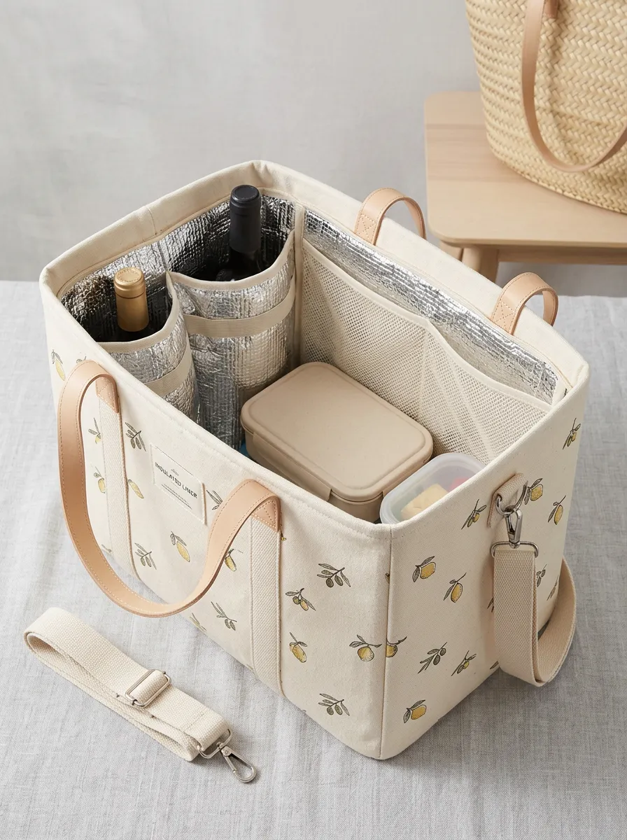 Picnic Lover Lemon Pattern Printed Insulated Tote Bag