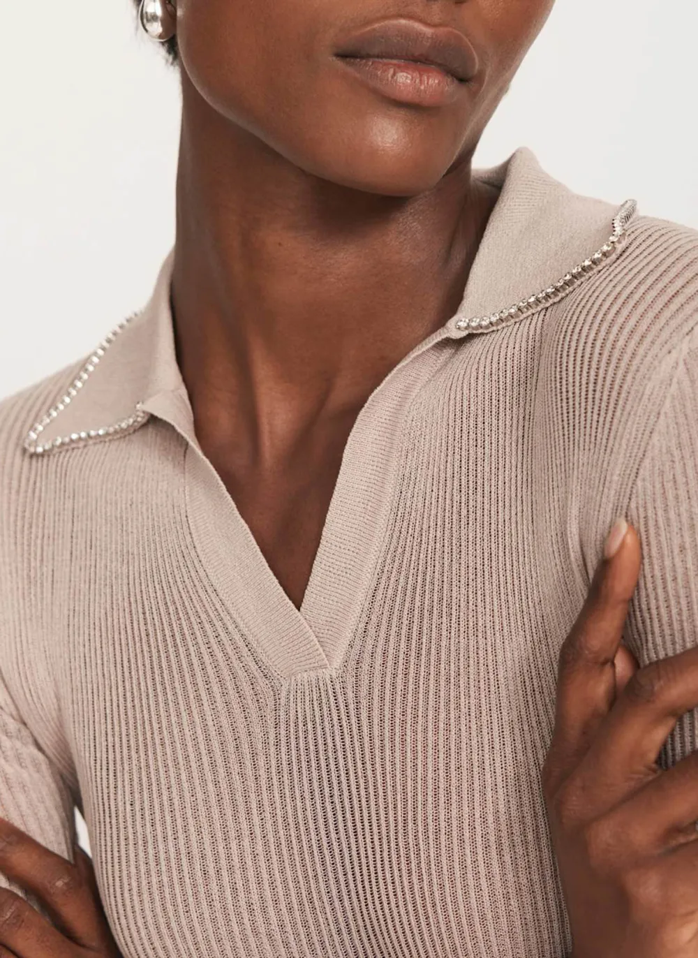Casual Style Neutral Embellished Collar Top