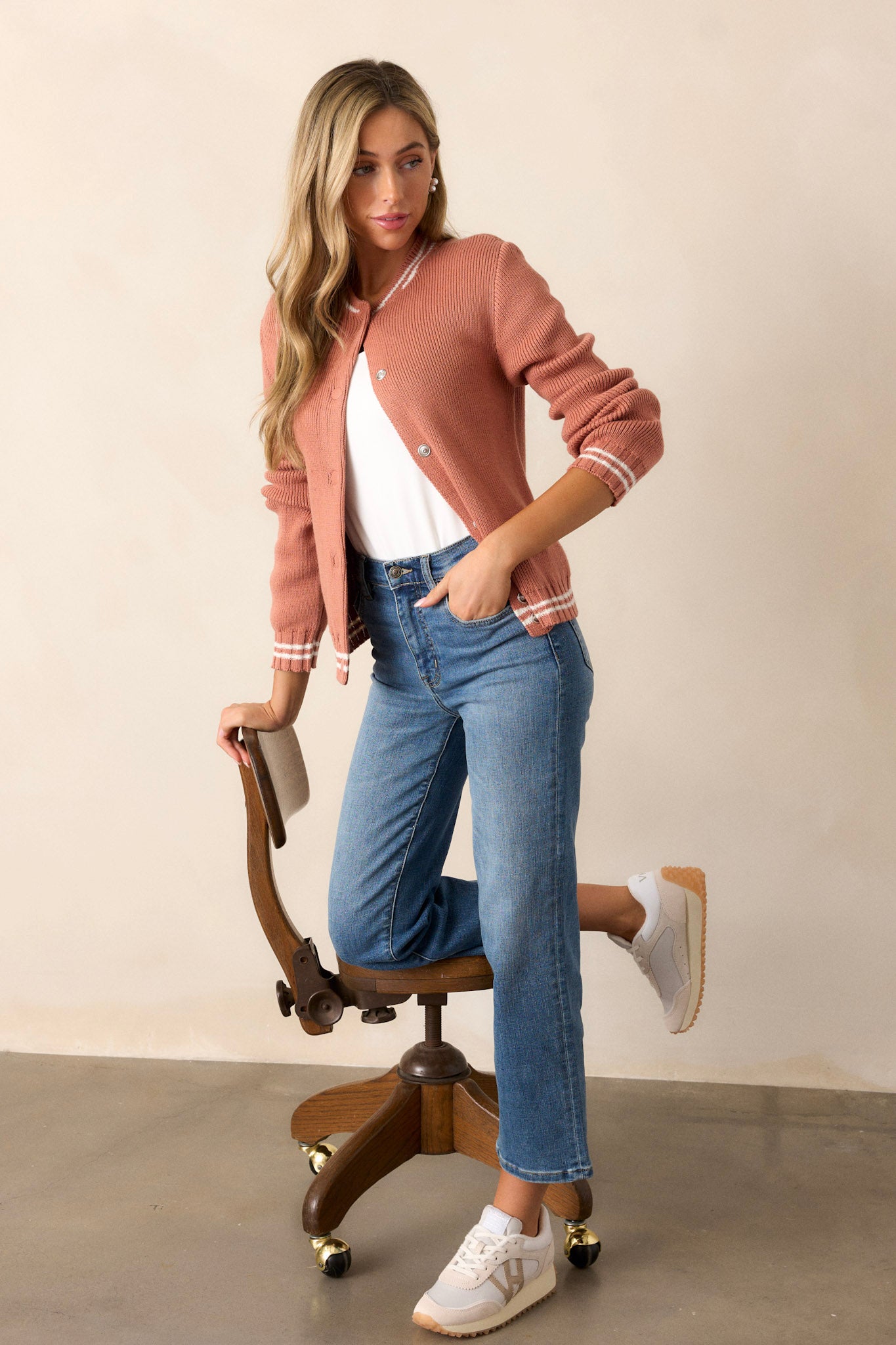 Never Late Terracotta Knit Varsity Cardigan