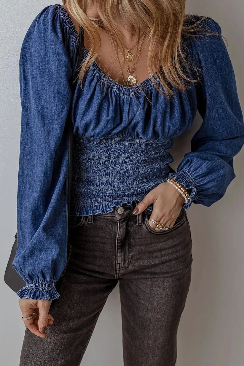 Ruffled Smocked V-Neck Blouse