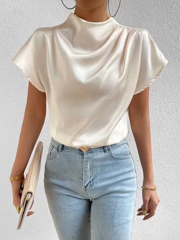 Relaxed Short Sleeve Pleat Detail Mock Neck T-Shirt