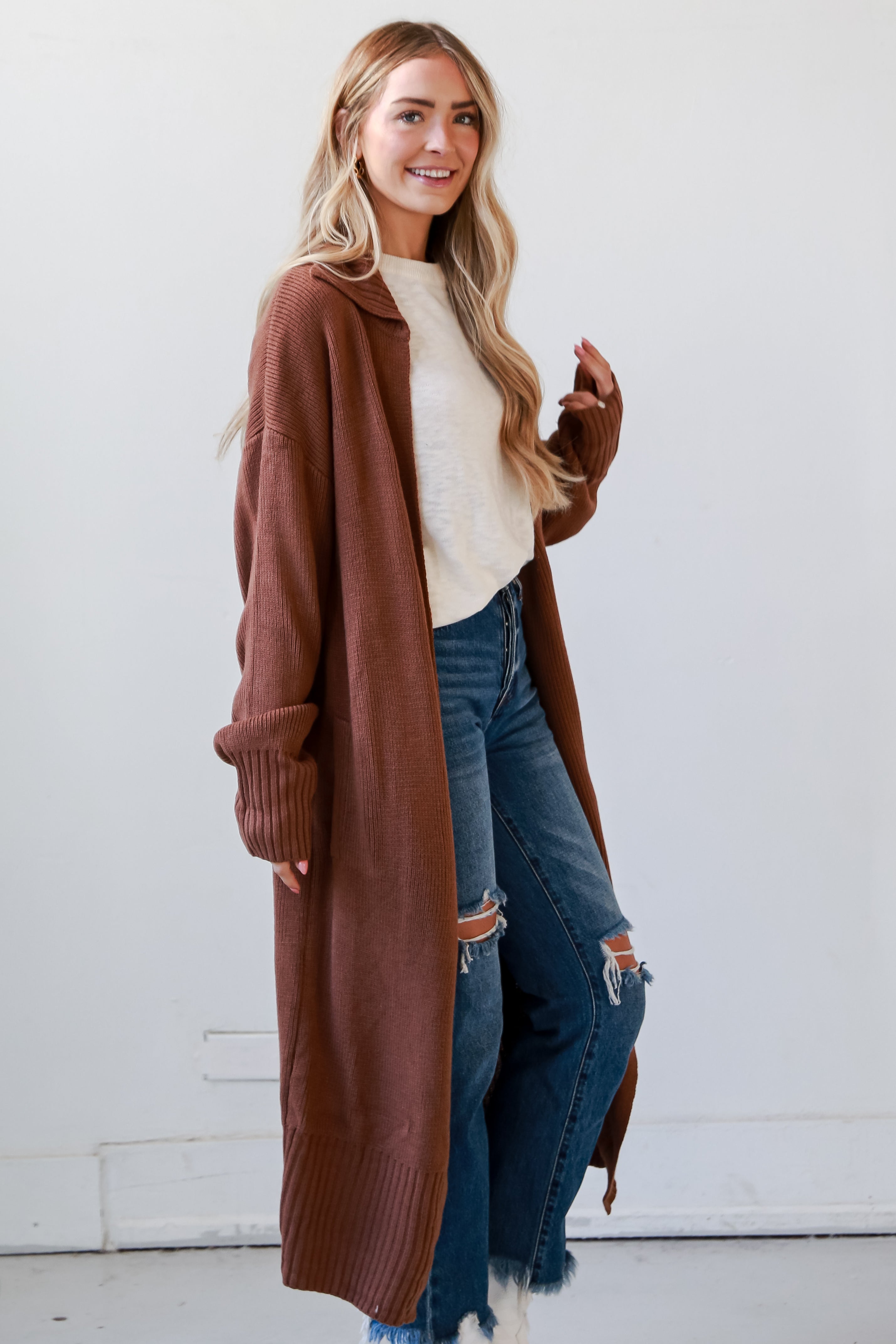 FINAL SALE - Chilly Day Charm Mocha Longline Sweater Cardigan