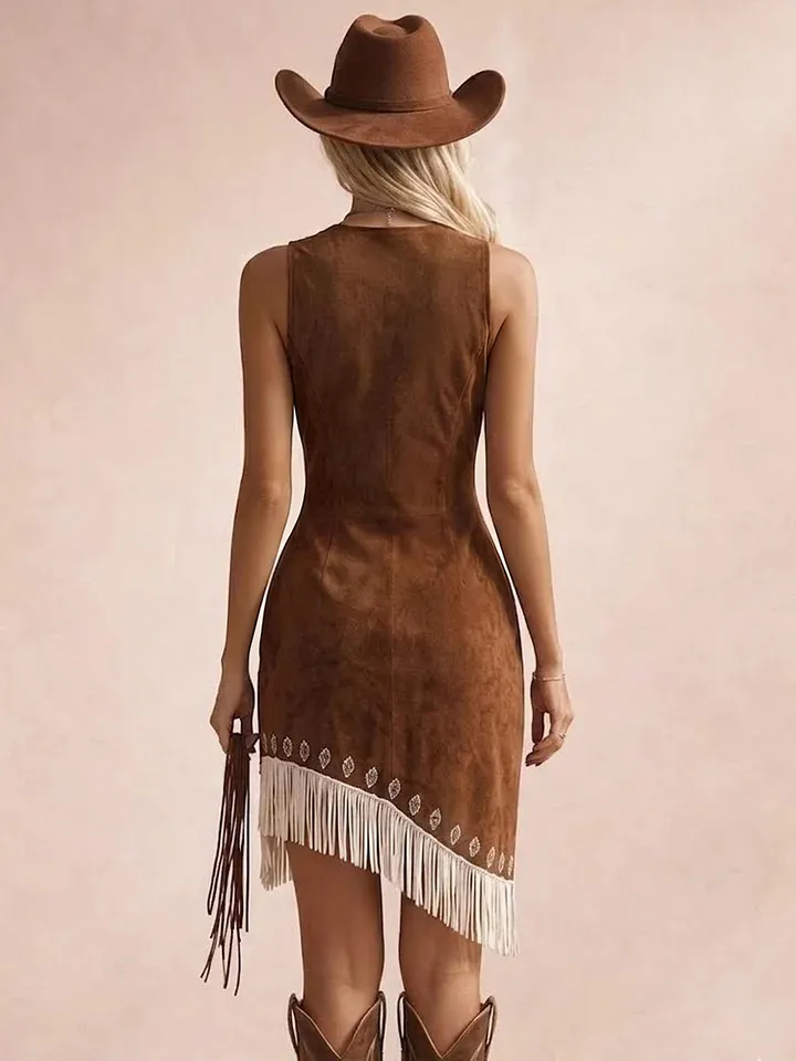 Women's West Brown Imitation Suede Embroidered Tassel Mini Dress