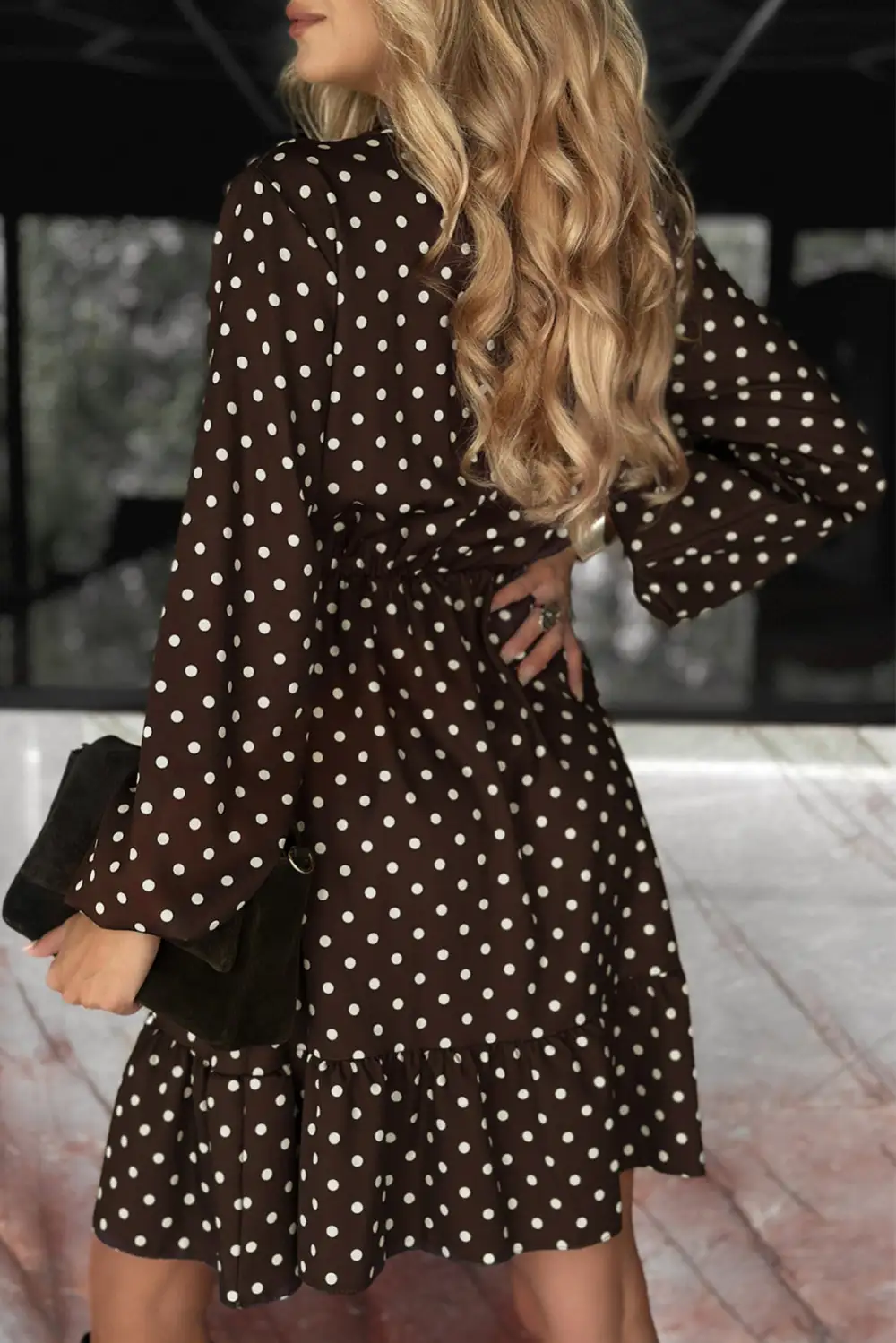 Chicory Polka Dot Long Sleeve Wrap V Neck Ruffle Hem Mini Dress
