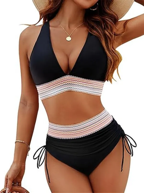 High Waist V Neck Tie Bikini Swim Set