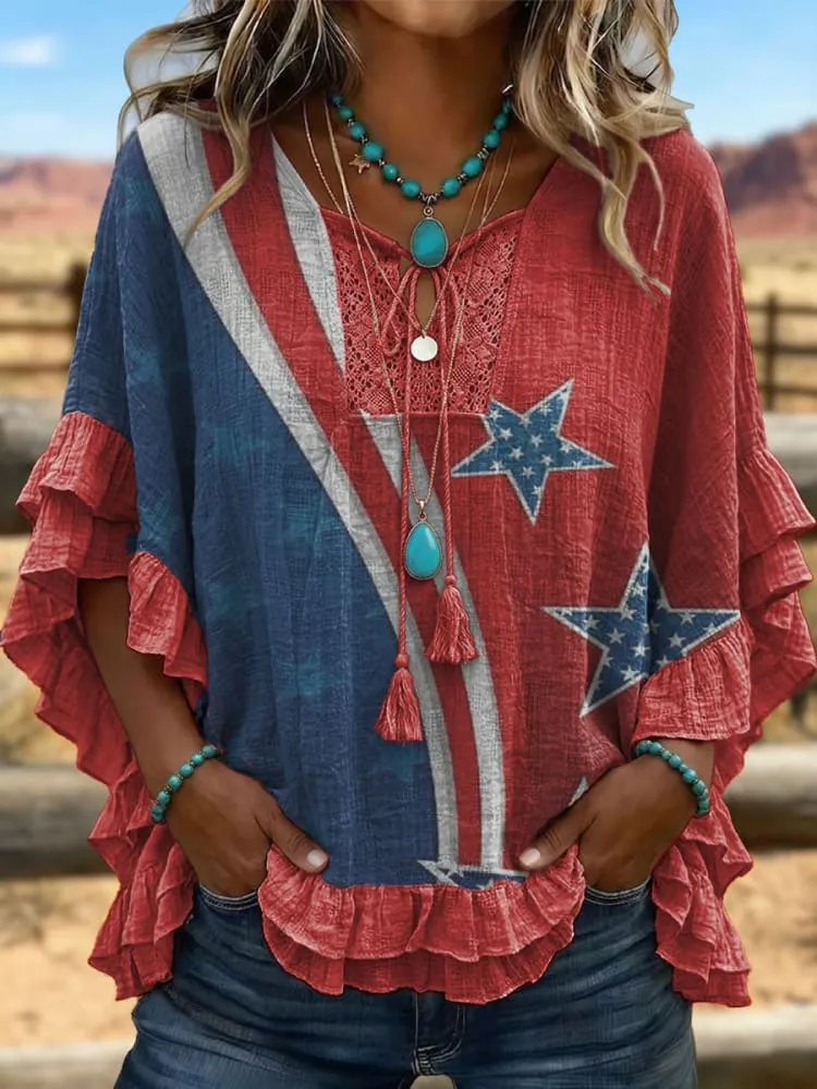 Vintage Art Patchwork Hollow Design Cotton And Linen Shirt