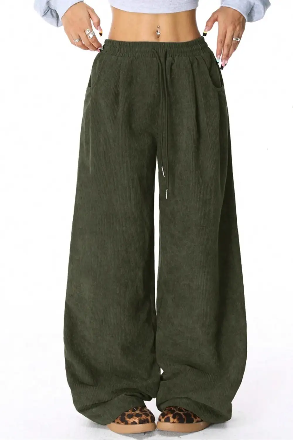 Drawstring Flannel Wide Leg Pants