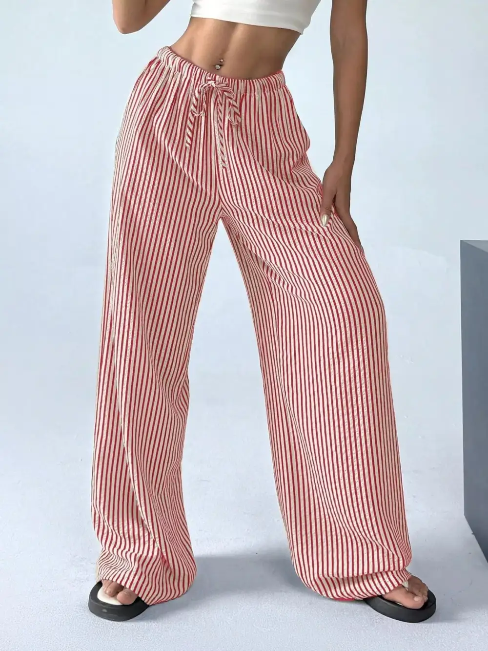 Full Size Striped Drawstring Waist Wide Leg Pants