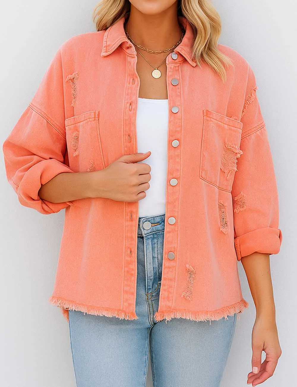 Distressed Button Down Long Sleeve Denim Jacket