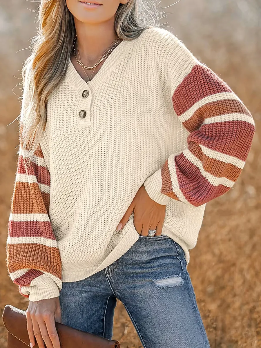 V-neck button-down striped sweater