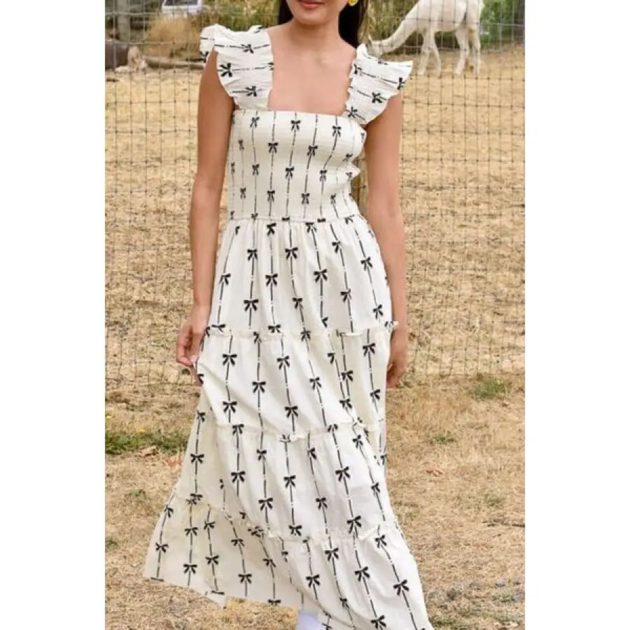 Bow Print Smocked Square Neck Ruffle Tiered Maxi Dress