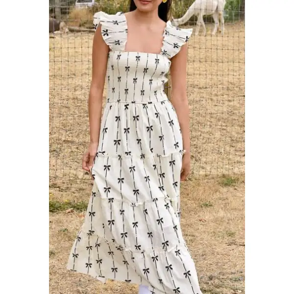 Bow Print Smocked Square Neck Ruffle Tiered Maxi Dress