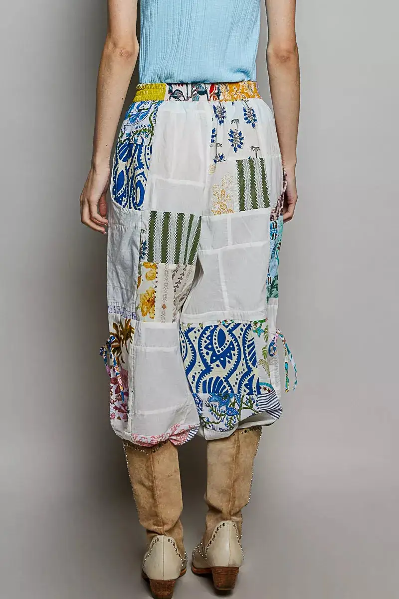 Everyday Printed Patchwork Wide Leg Pants with Adjustable Side Drawstring