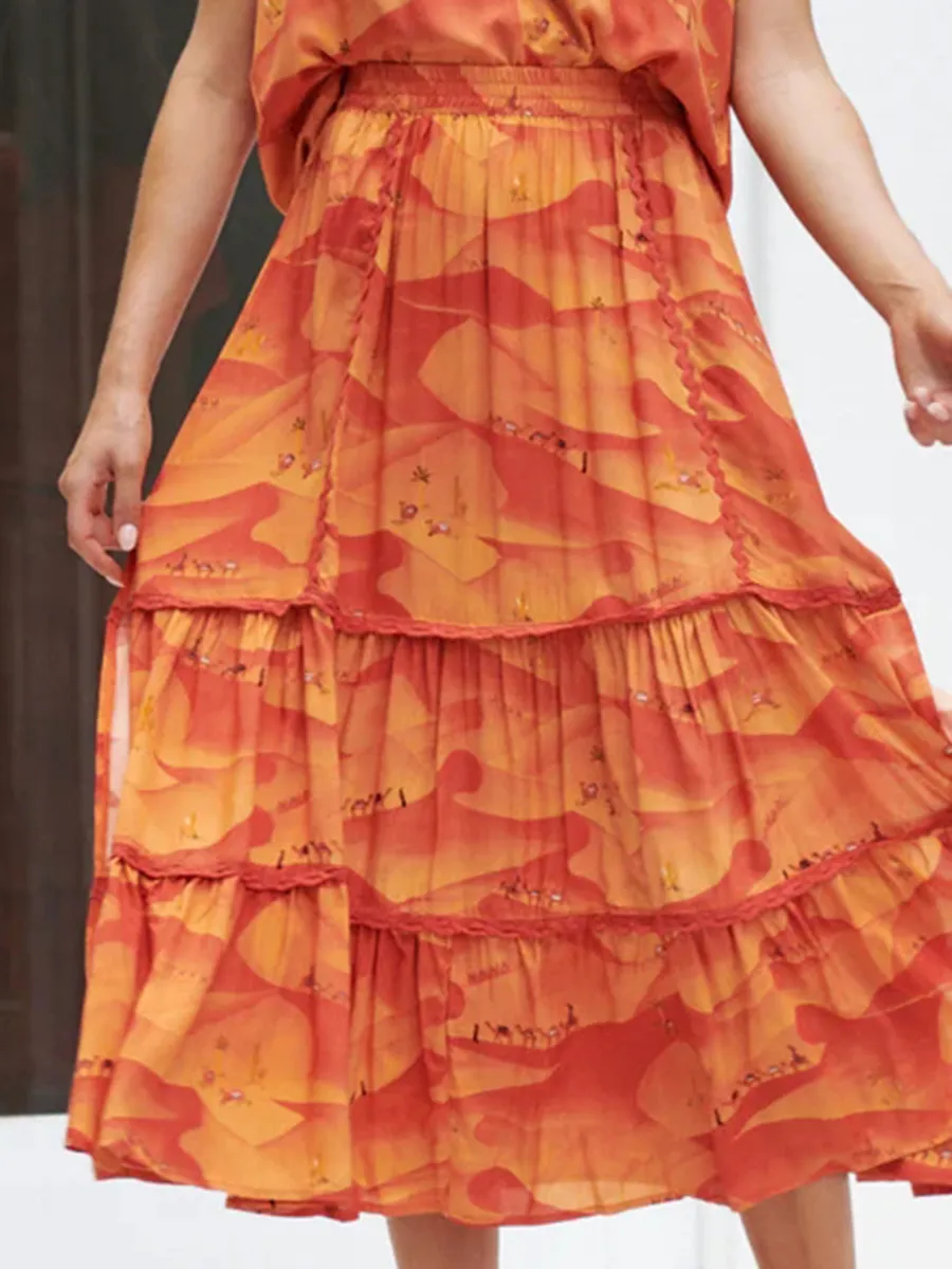 Orange V-neck cross neckline print waist dress