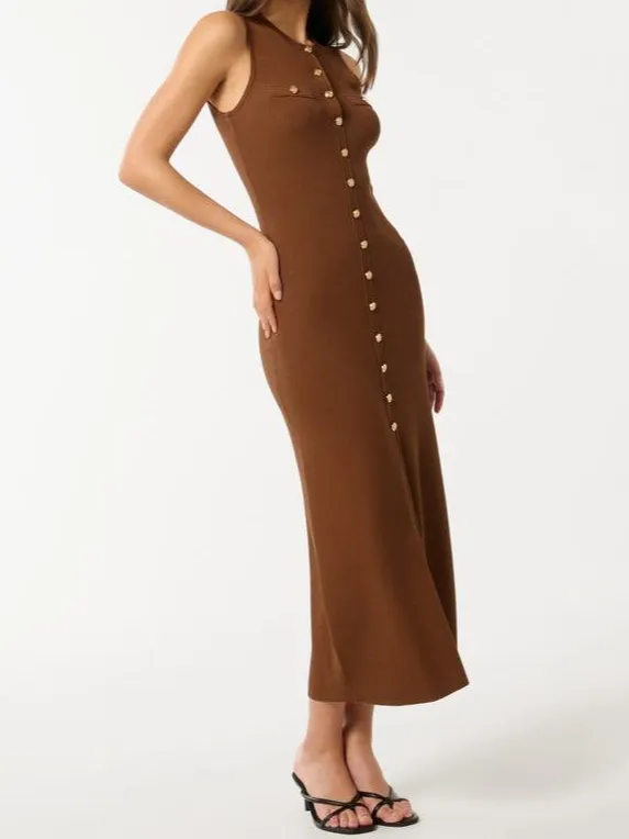 Khaki Button-Through Knit Dress