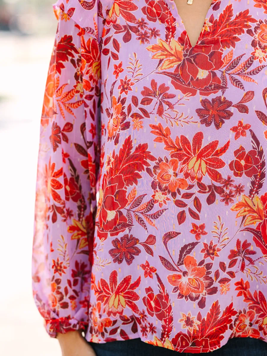 Women's Long Sleeve Floral V-Neck Shirt