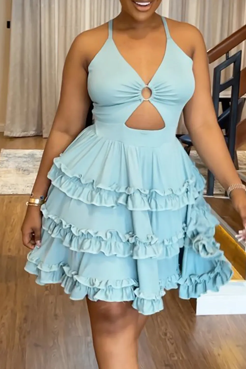 Plus Size Black Vacation Cut Out Sleeveless Ruffle Babydoll Mini Dresses