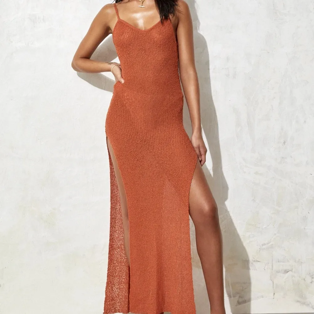 Sexy hot girl slim see-through vacation sling women's knitted slit backless dress