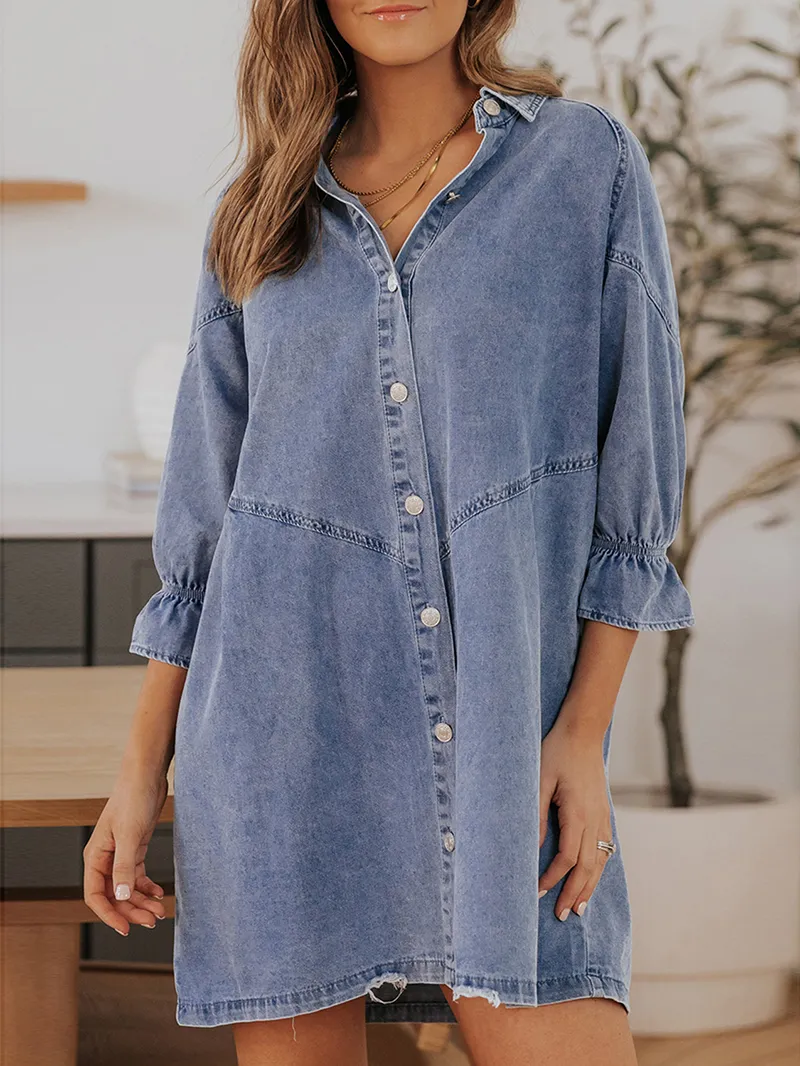 Sky Blue Buttoned Long Sleeve Denim Mini Dress