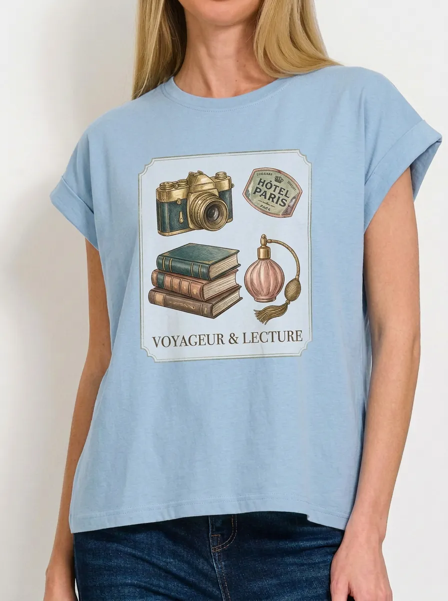 Women's Paris Travel Book Lover Camera Perfume Printed T-shirt