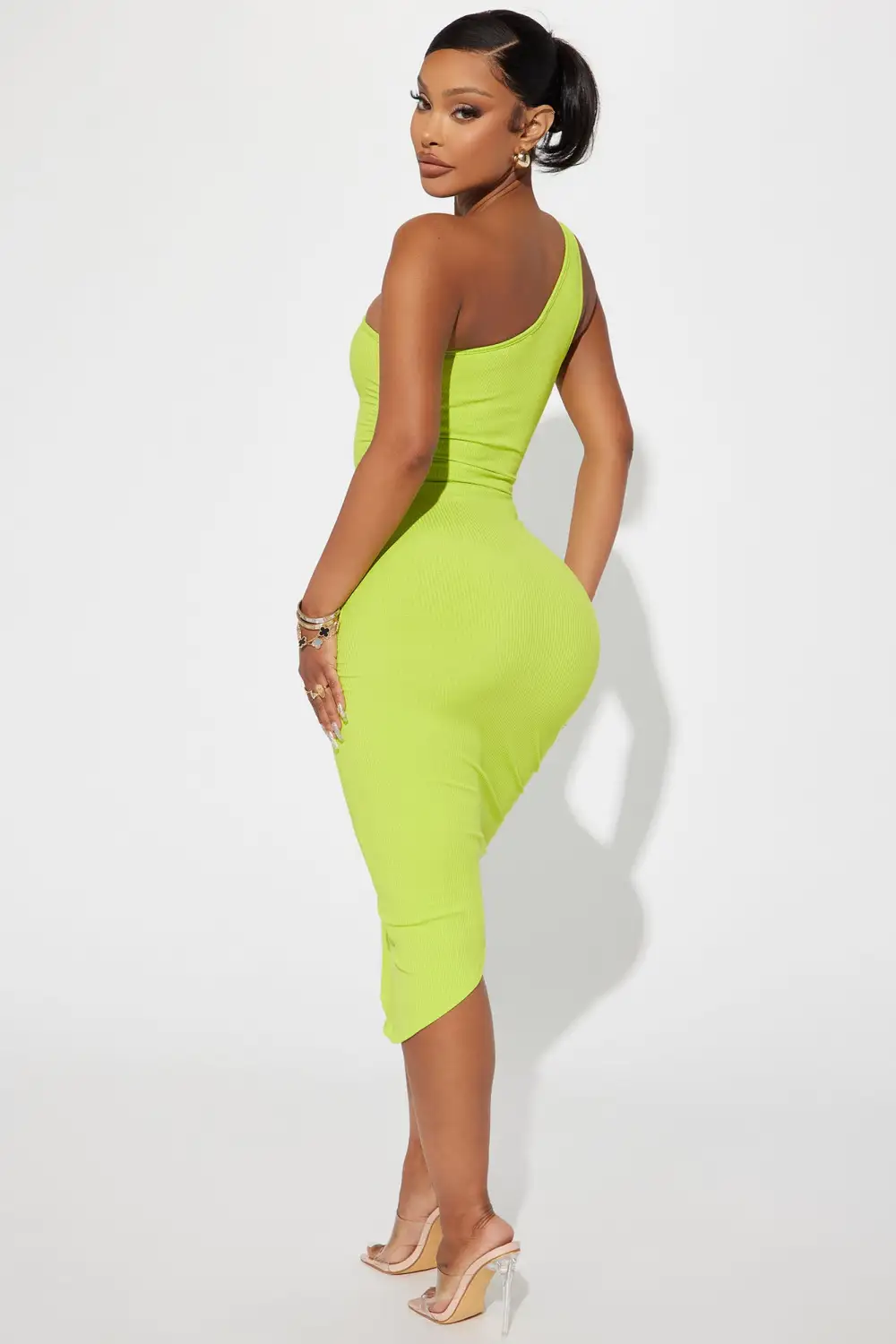 Lena One Shoulder Midi Dress - Lime