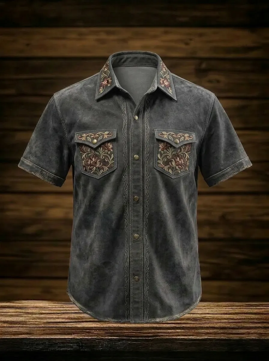 Men's Western Style Floral Embroidery Printed Shirt-2