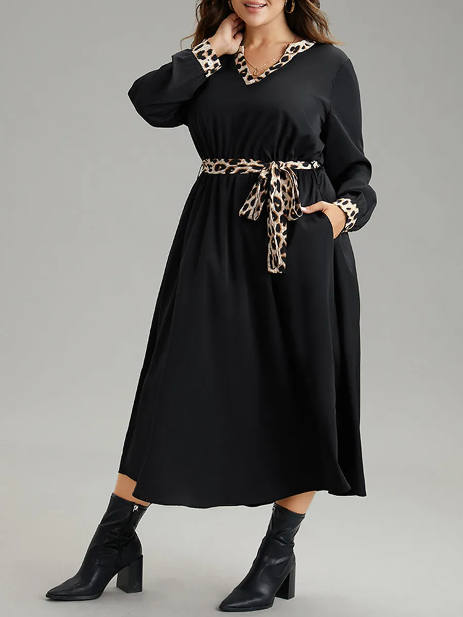 Elegant Senior Waist Waist Leopard Belt Dress Midi
