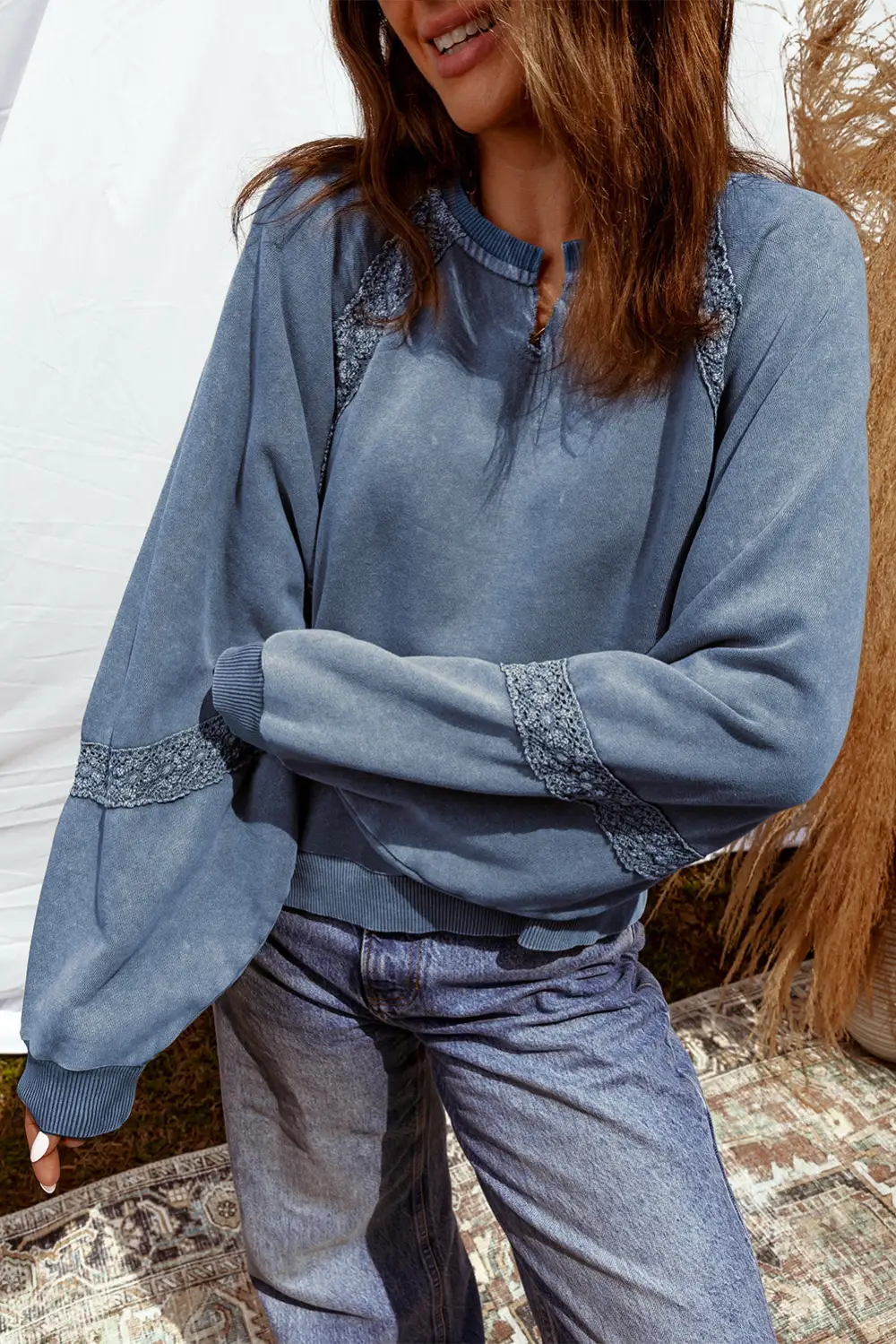 Everyday Relaxed Patchwork Mineral Wash Lace Detail Sweatshirt