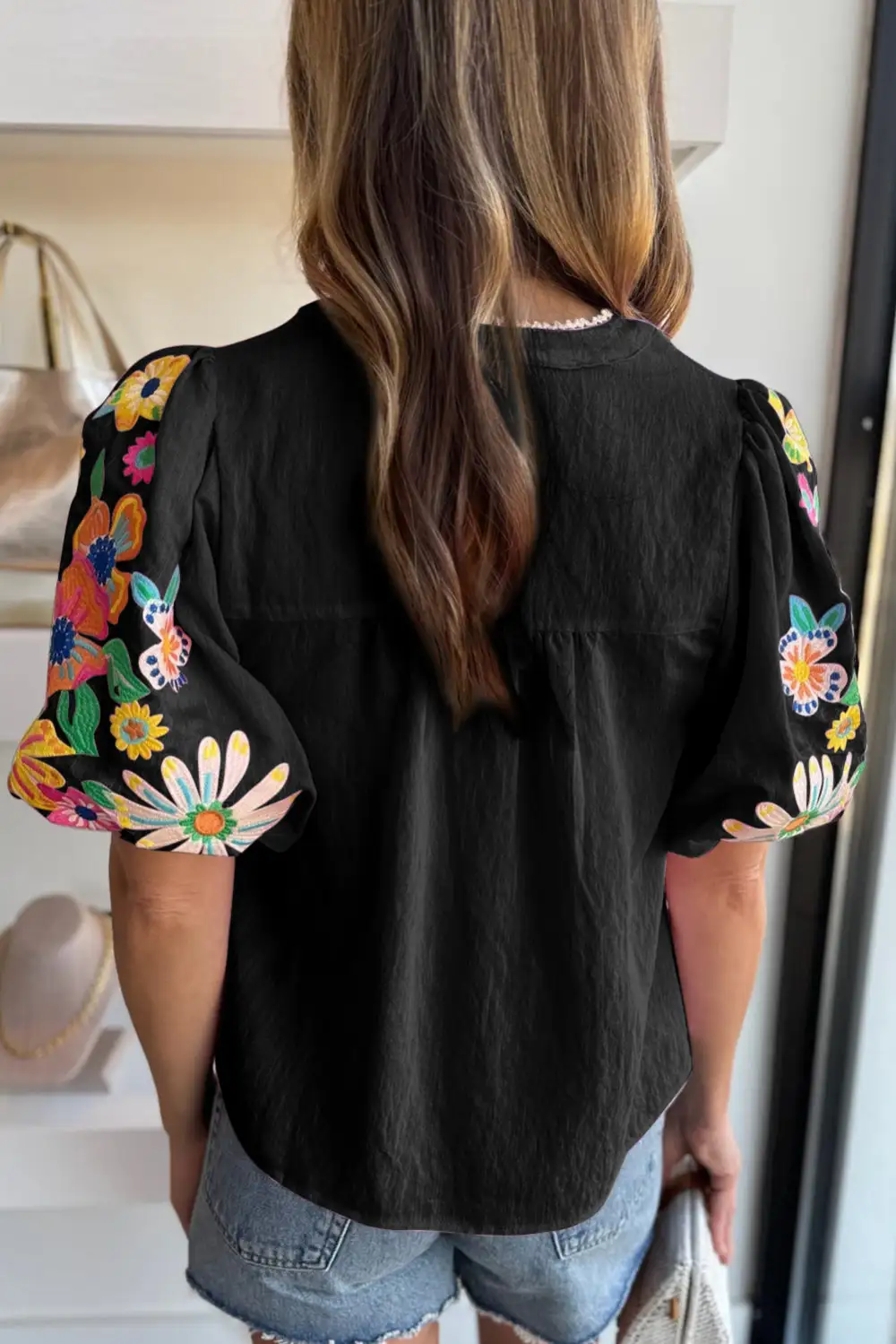 Softly Styled Floral Embroidered Puff Sleeve Blouse