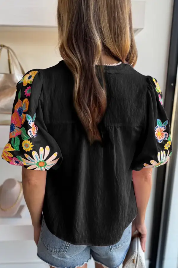 Softly Styled Floral Embroidered Puff Sleeve Blouse