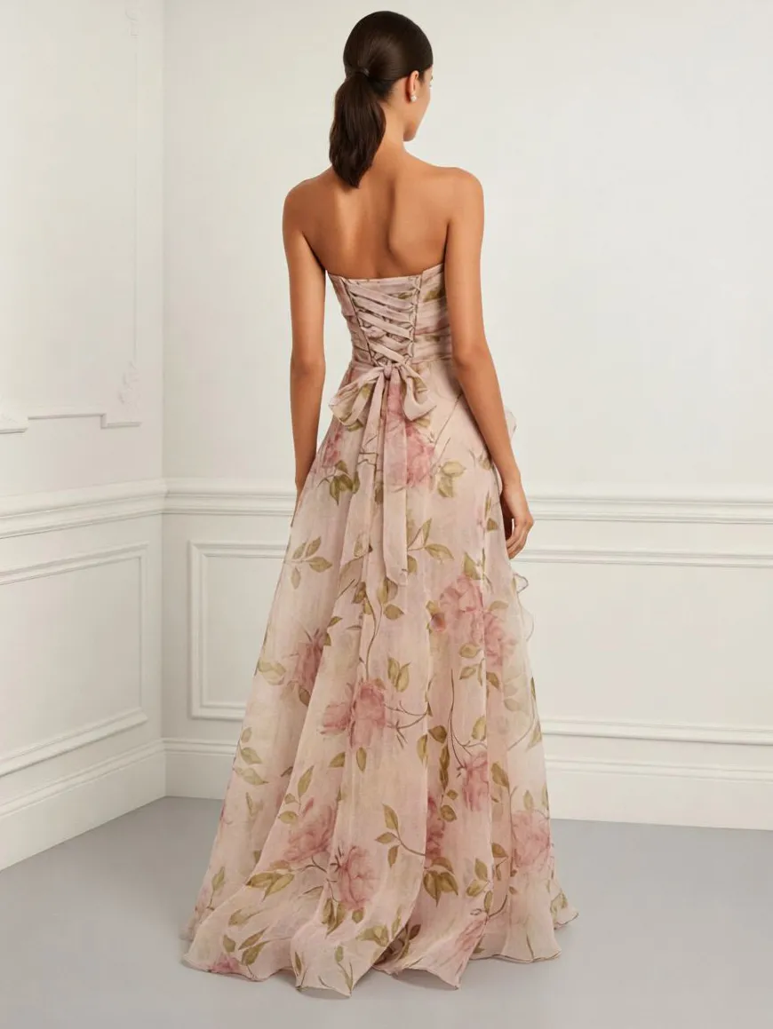 Strapless Floral Print Chiffon Maxi Dress