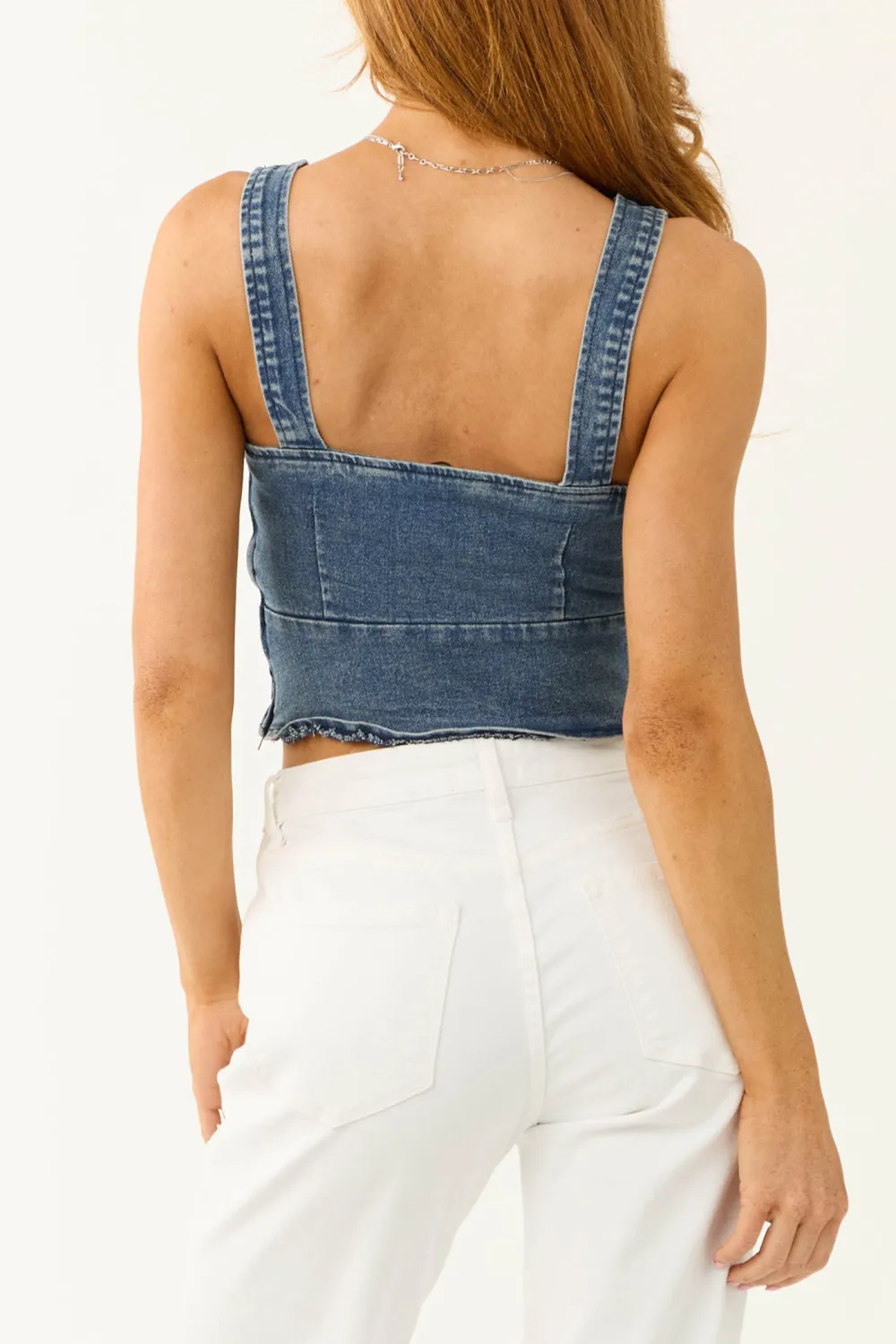 Medium Dark Wash Denim Lace Up Top