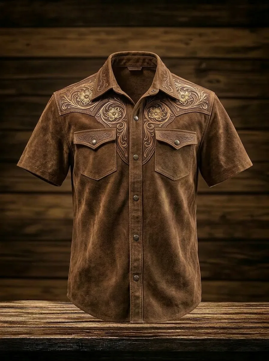 Men's Western Cowboy Floral Tooled Leather Printed Shirt