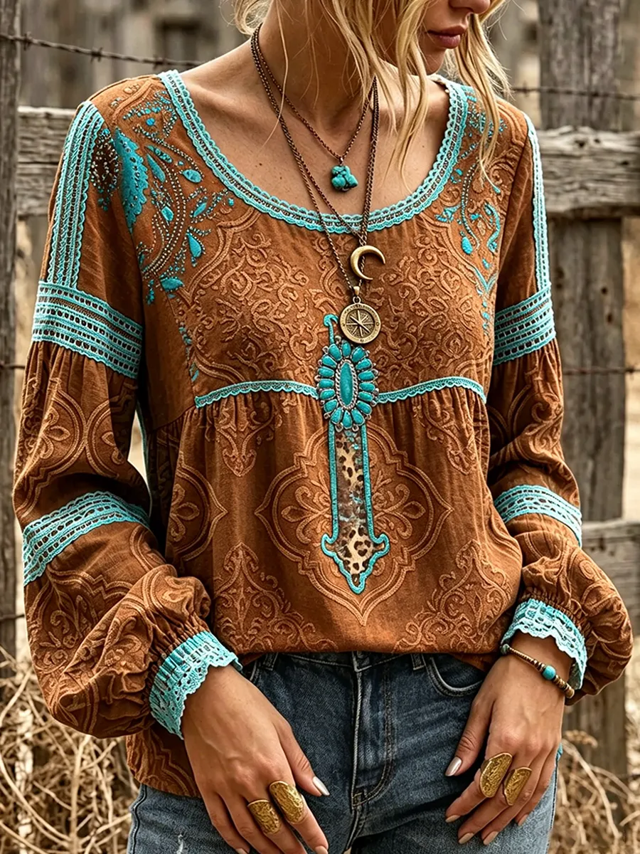 Women's Vintage Floral Print Casual Patchwork Shirt