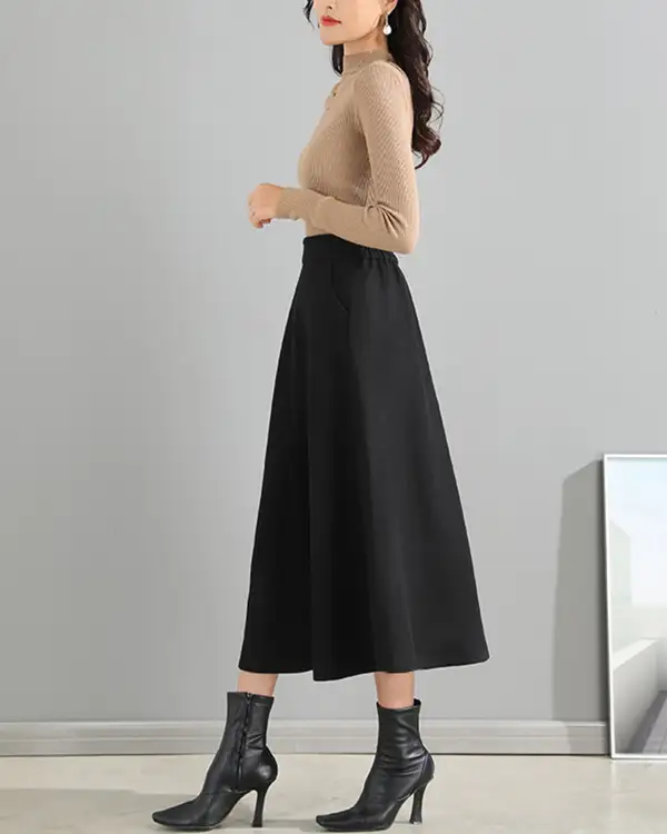 Relaxed Pocketed Wool A Line Maxi Skirt