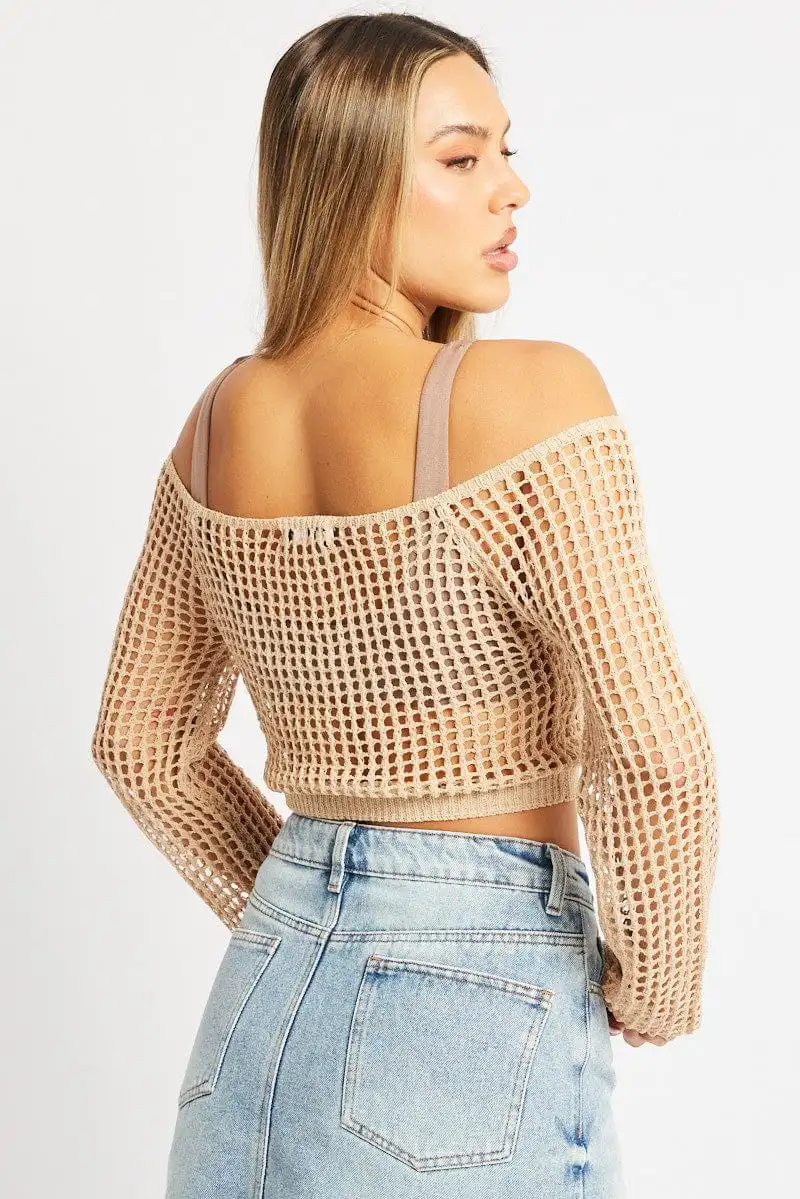 Beige Crochet Knit Top Long Sleeve Square Neck