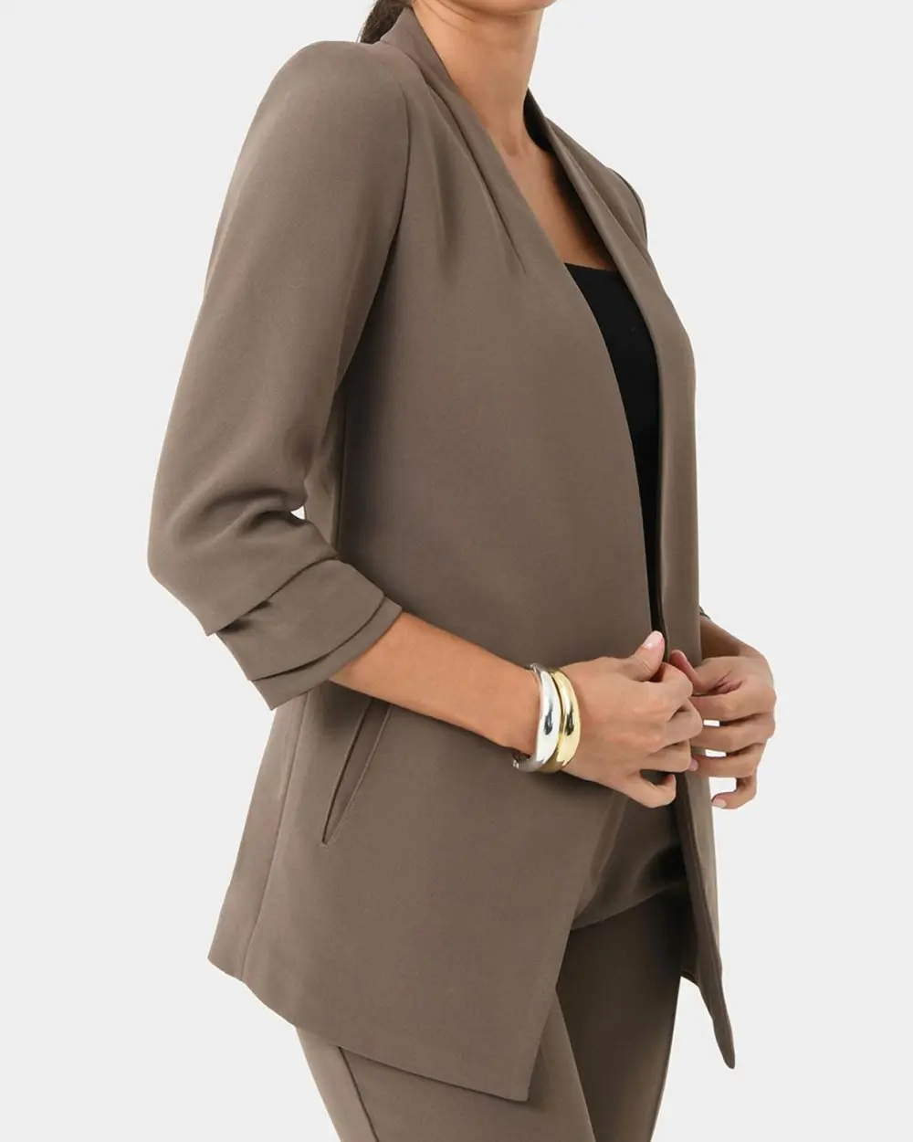 Crepe Textured Fabric Collarless Blazer -Sepia