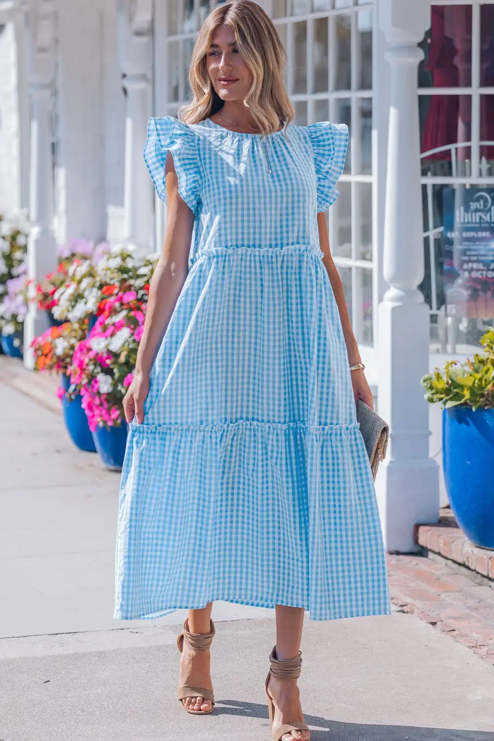 Structured Shape Plaid Ruffle Short Sleeve Maxi Dress