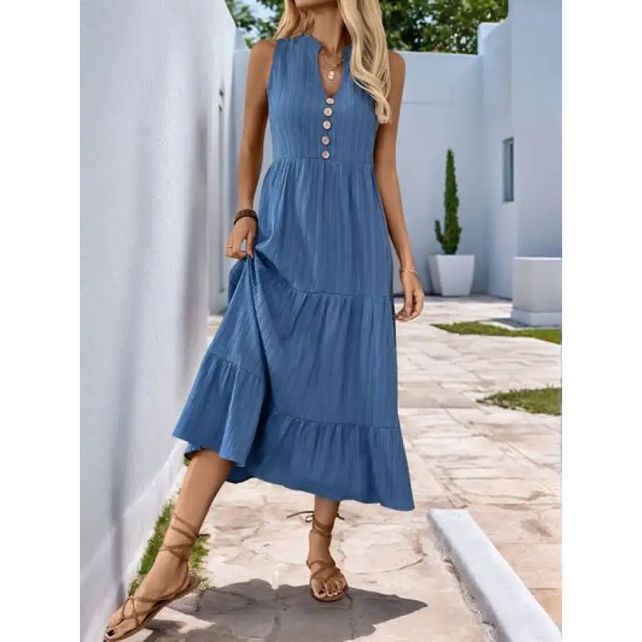 Perfee Decorative Button Notched Sleeveless Tiered Dress