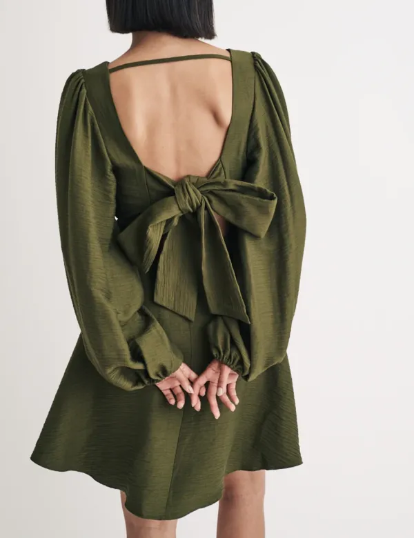 Khaki Linen-blend Balloon Sleeve Zola Mini Dress