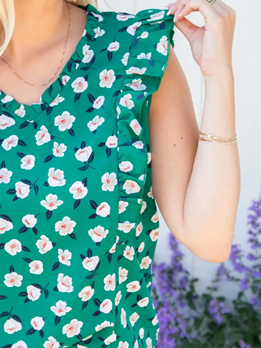 Green floral ruffled short sleeved shirt