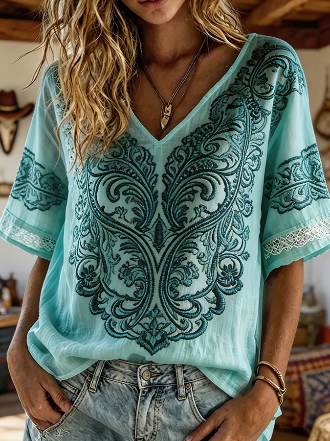 Women's Turquoise Paisley Embroidered Boho Western V-Neck Blouse