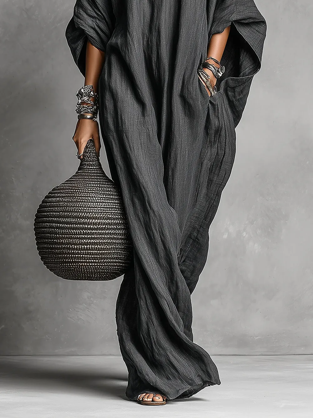 Casual Linen Batwing Sleeve Maxi Dress